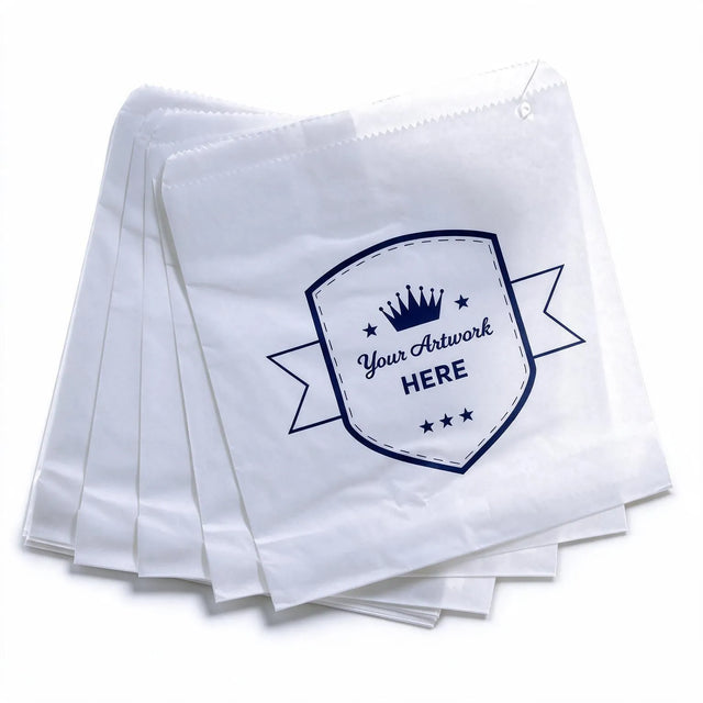 large printed flat white paper bags - square 300mm x 295mm 1 colour 1 side, front view