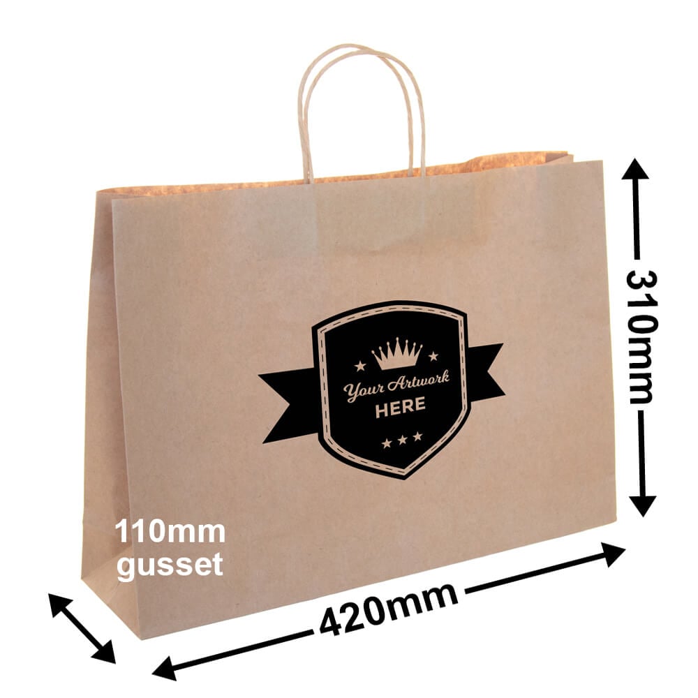 Custom Printed 1 Colour 2 Sides Boutique Brown Paper Carry Bags 310x420mm