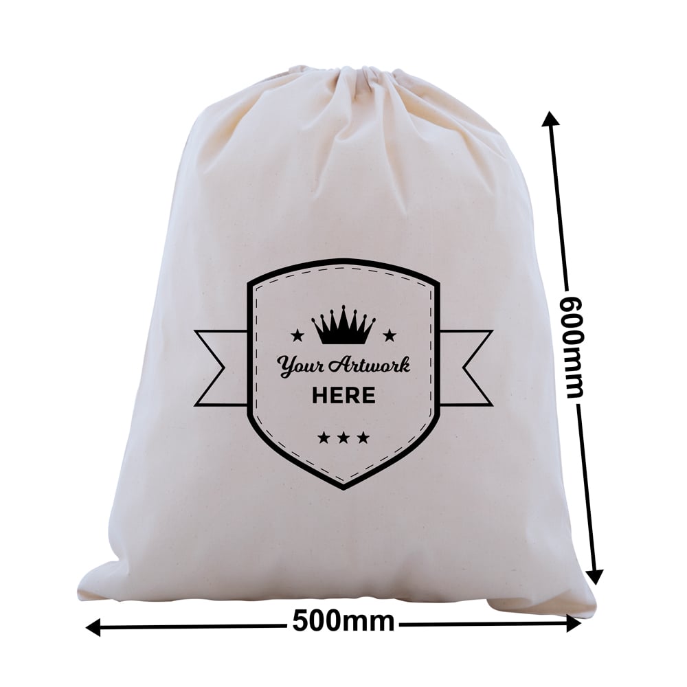 Custom Printed Calico Drawstring Bags 1 Colour 2 Sides 600x500mm