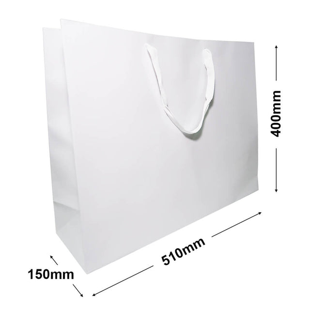 white boutique rope handle gloss bag, 510 x 400 mm, with size guide