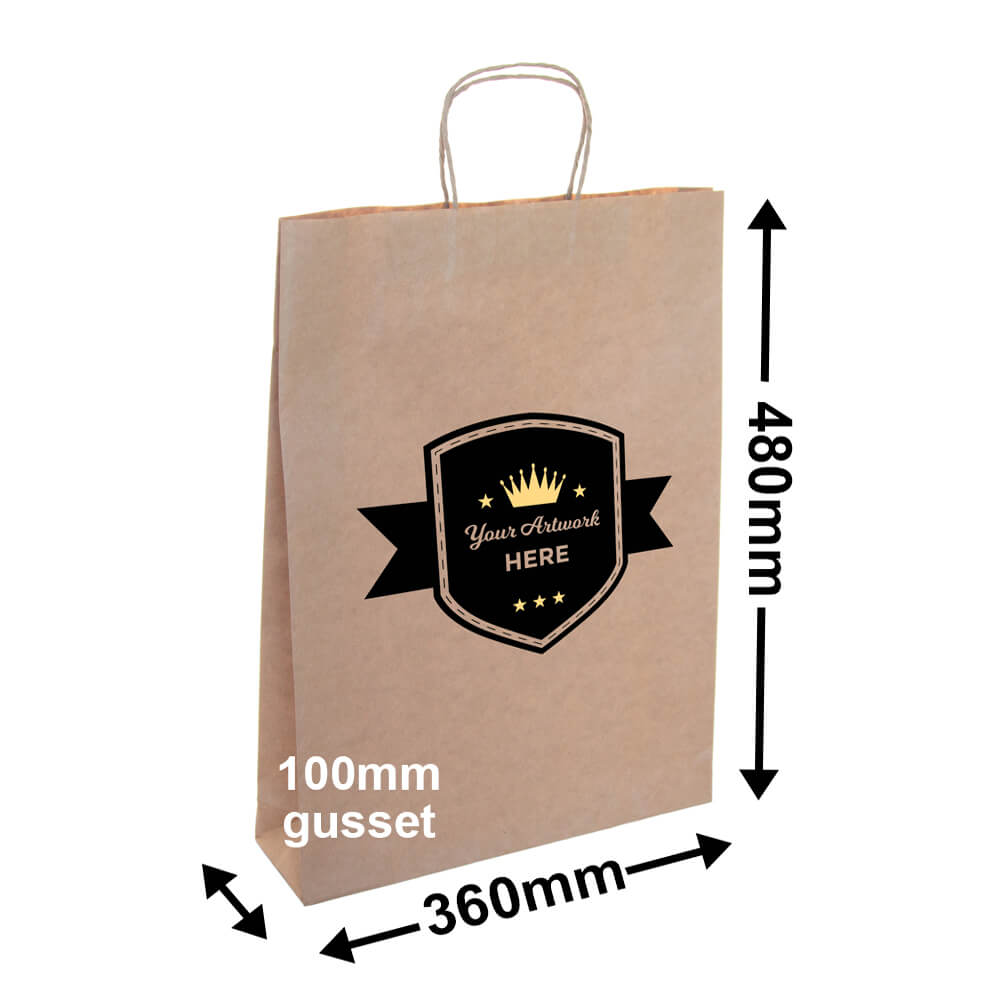 Custom Printed Large Brown Paper Carry Bags 2 Colours 1 Side 480x340mm