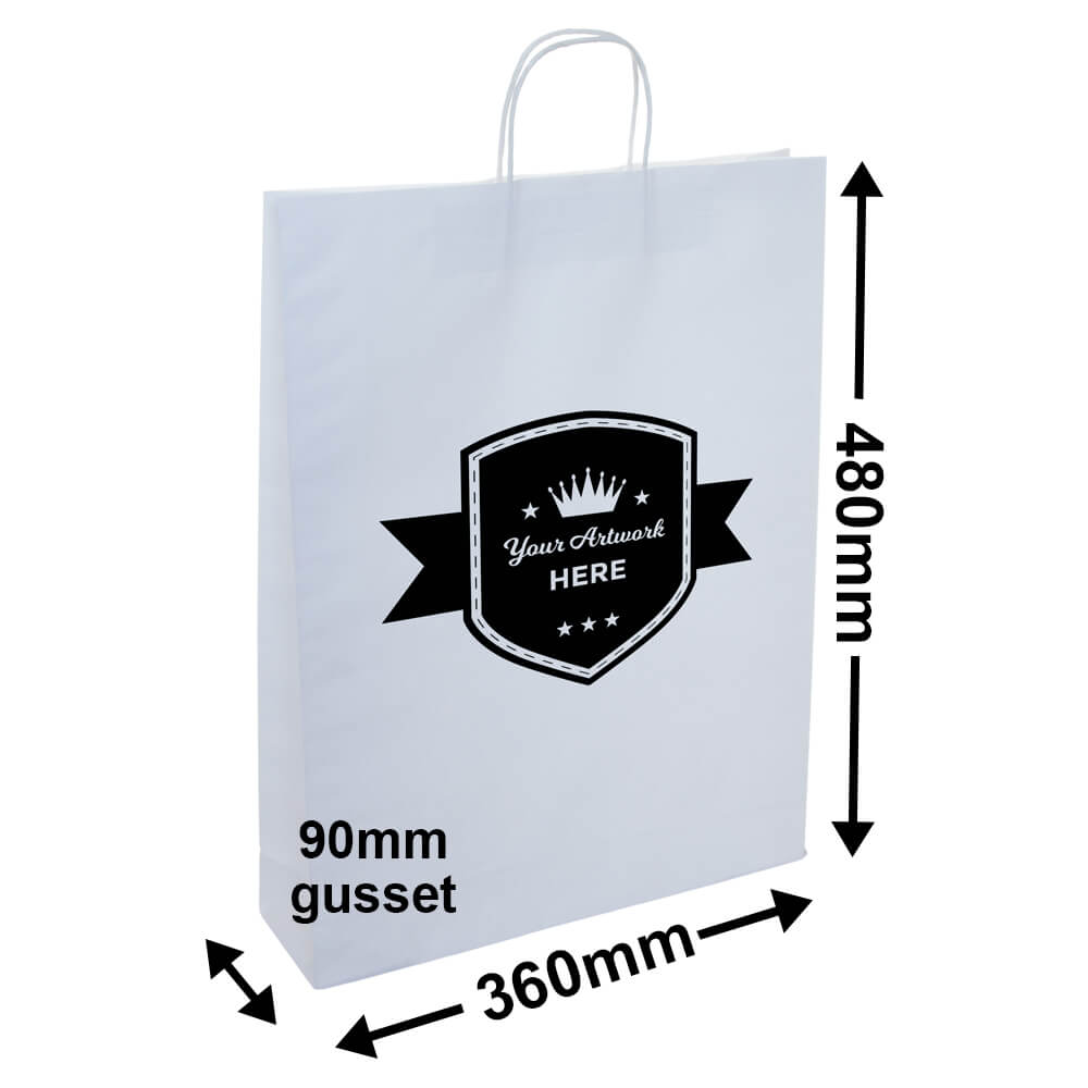 Custom Printed White Paper Carry Bags 1 Colour 2 Sides 480x340mm