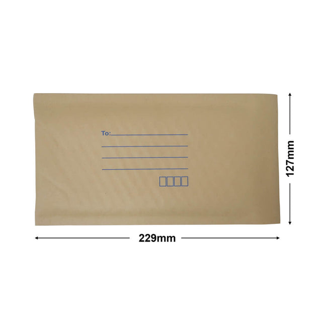 brown paper mailer bag bubblewrap interior, 127 x 229 mm, with size guide