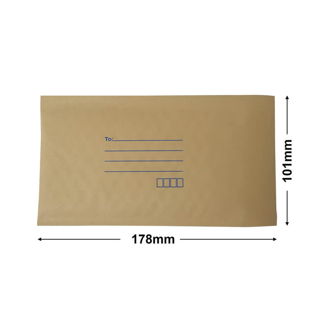 brown paper mailer bag bubblewrap interior, 101 x 178 mm, with size guide