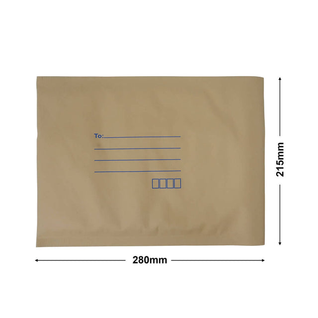 brown paper mailer bag bubblewrap interior, 215 x 280 mm, with size guide