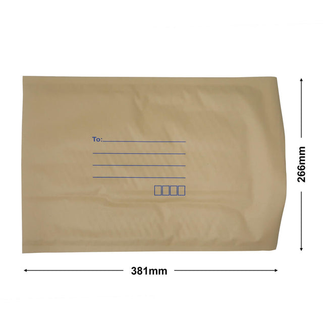 brown paper mailer bag bubblewrap interior, 266 x 381 mm, with size guide