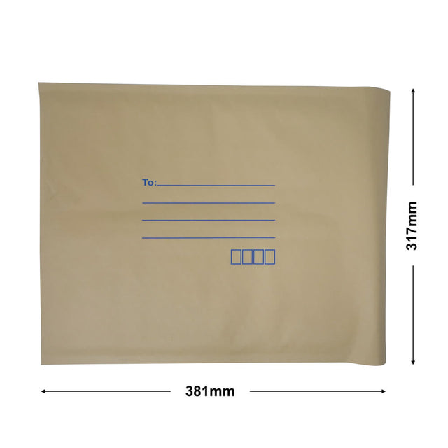 brown paper mailer bag bubblewrap interior, 317 x 381 mm, with size guide