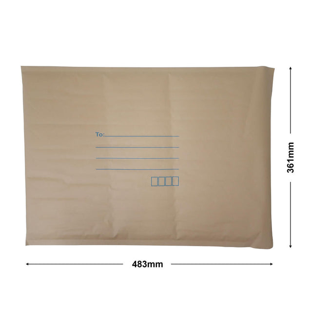 brown paper mailer bag bubblewrap interior, 361 x 483 mm, with size guide