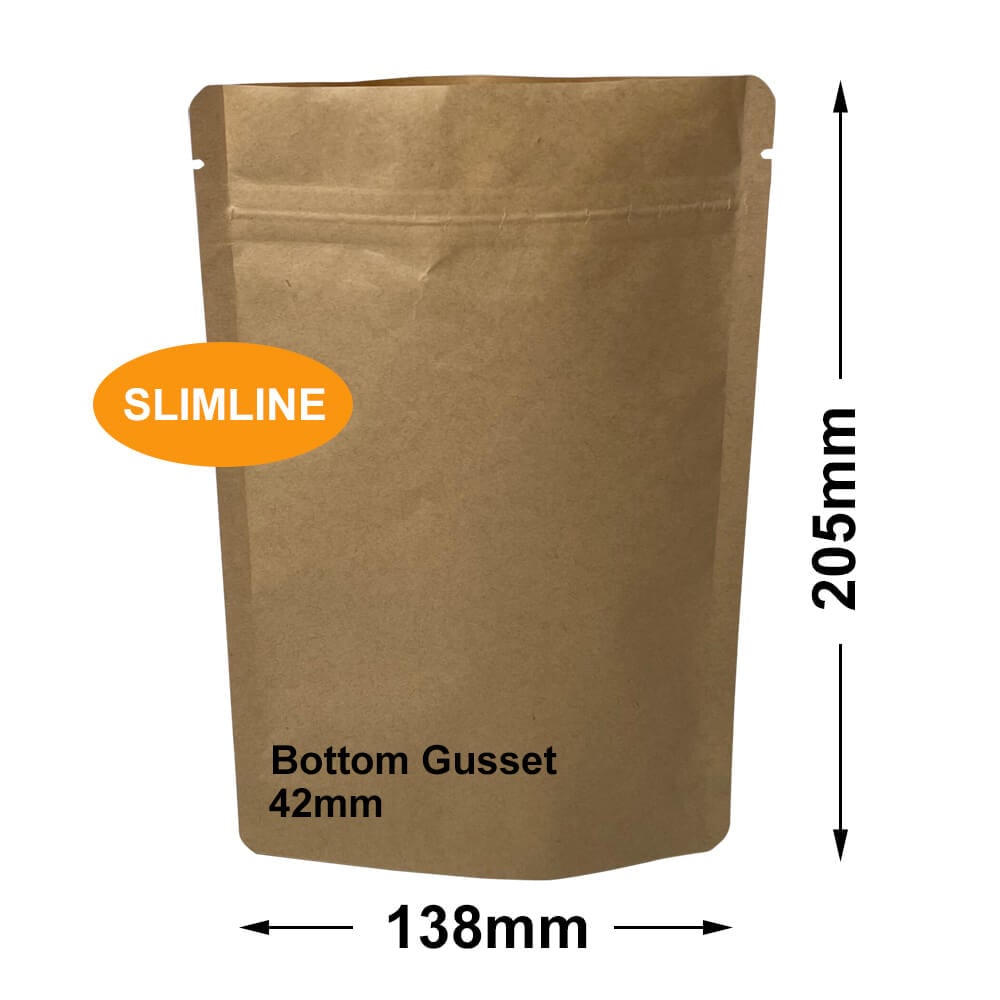 Slimline Kraft Paper Pouch Bags 138x205mm & 42mm Bottom Gusset (Qty:100)