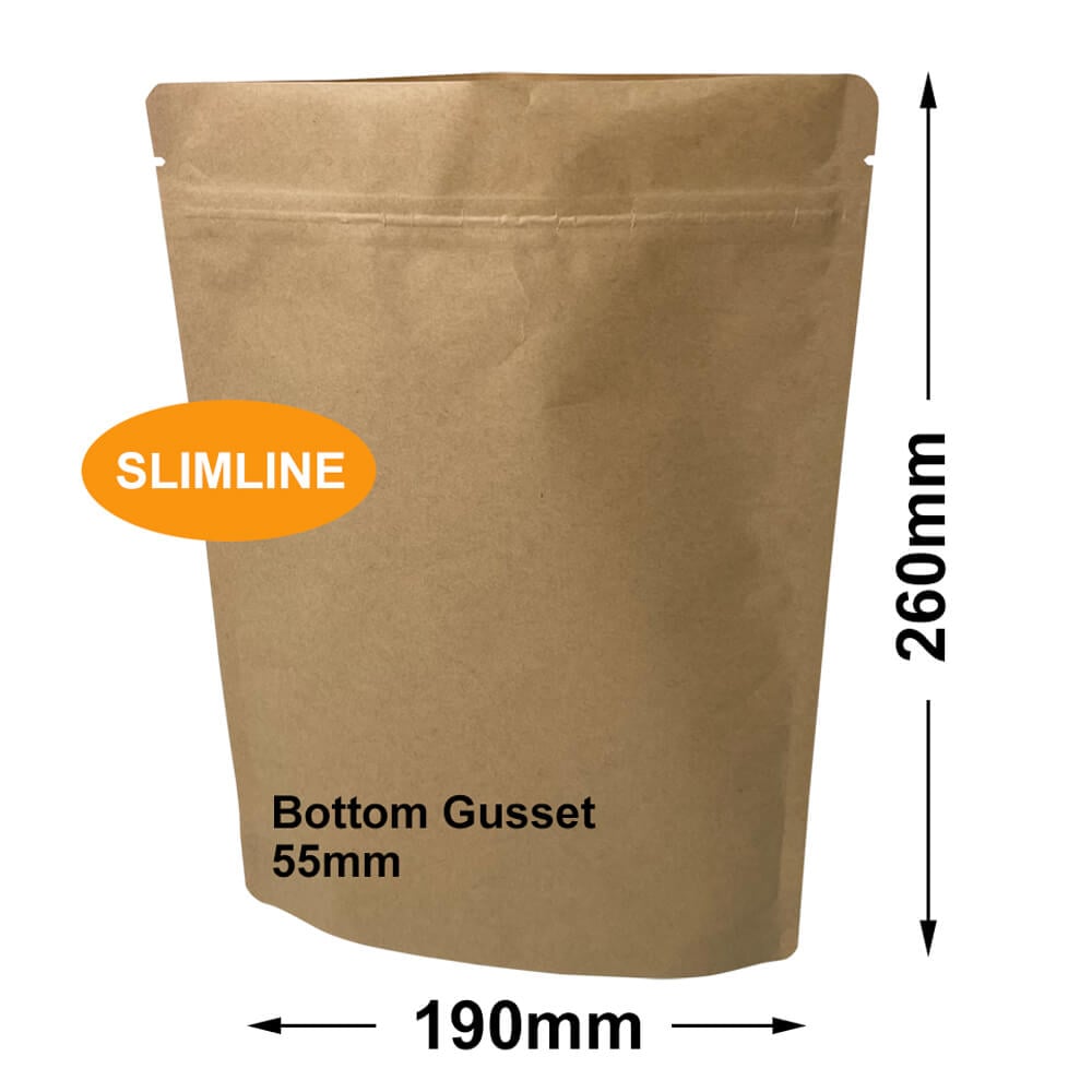 Slimline Kraft Paper Pouch Bags 190x260mm & 55mm Bottom Gusset (Qty:100)