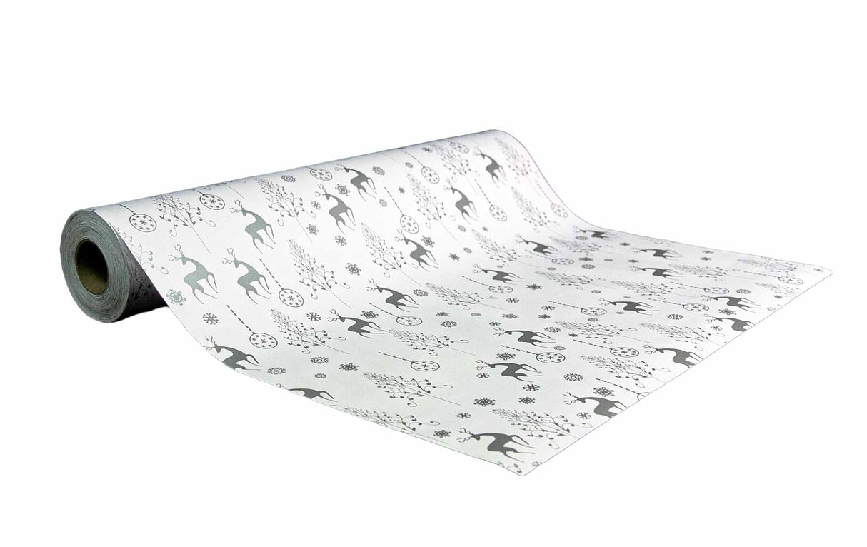 White Xmas Wrapping Paper with Print Silver Dancing Deers (Length: 60M)