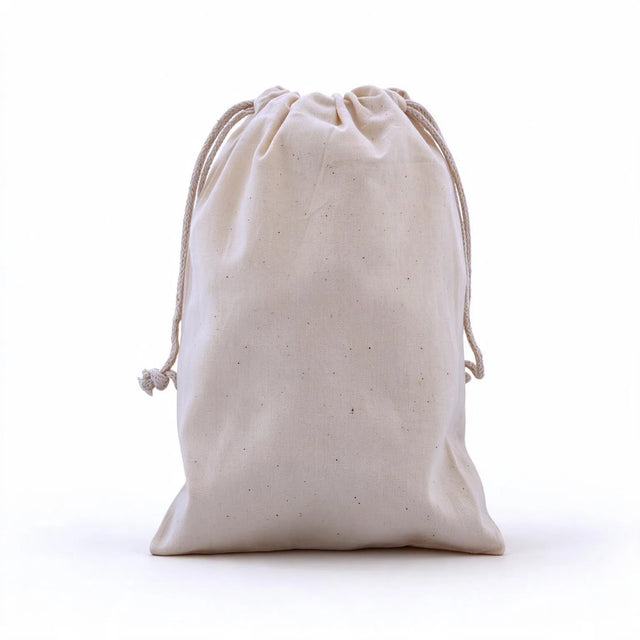 drawstring calico bags 210x150mm | natural calico, front view