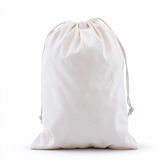 drawstring calico bags 350x250mm | natural calico, front view