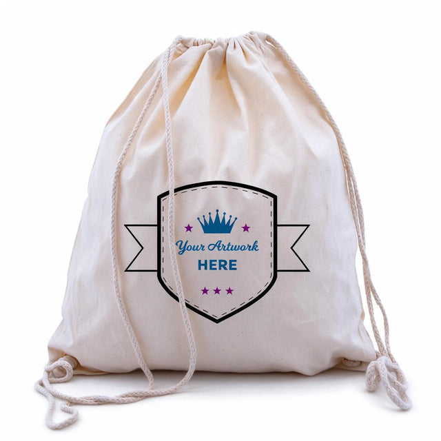 custom printed 3 colours 2 sides calico drawstring bags 460x370mm, front view