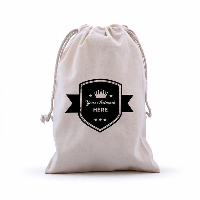 custom printed 1 colour 2 sides calico drawstring bags 210x150mm, front view