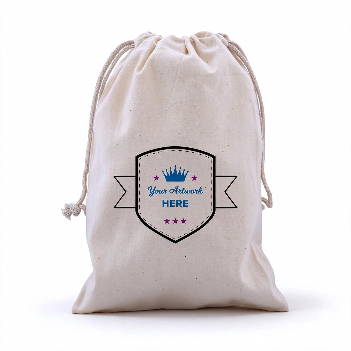 custom printed 3 colours 2 sides calico drawstring bags 210x150mm, front view