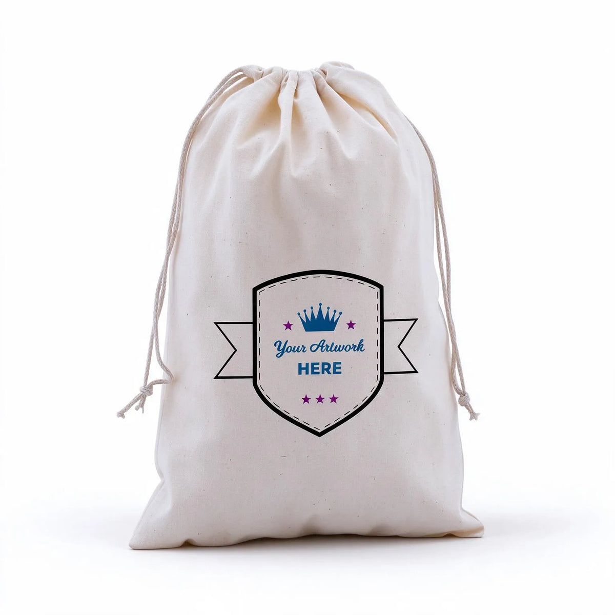 custom printed calico drawstring bags 300x200mm 3 colours 2 sides, front view