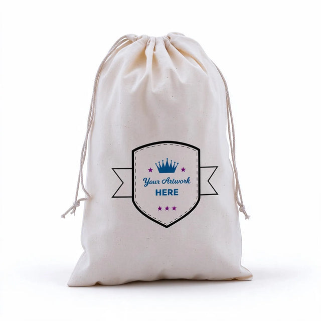 custom printed calico drawstring bags 300x200mm 3 colours 2 sides, front view