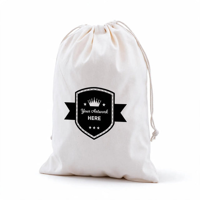 custom calico drawstring bags 350x250mm 1 colour 2 sides, front view