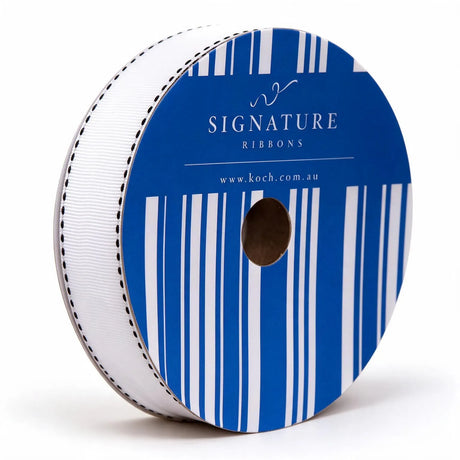 grosgrain white ribbon with black stitching 25mm wide x 20m roll, front view