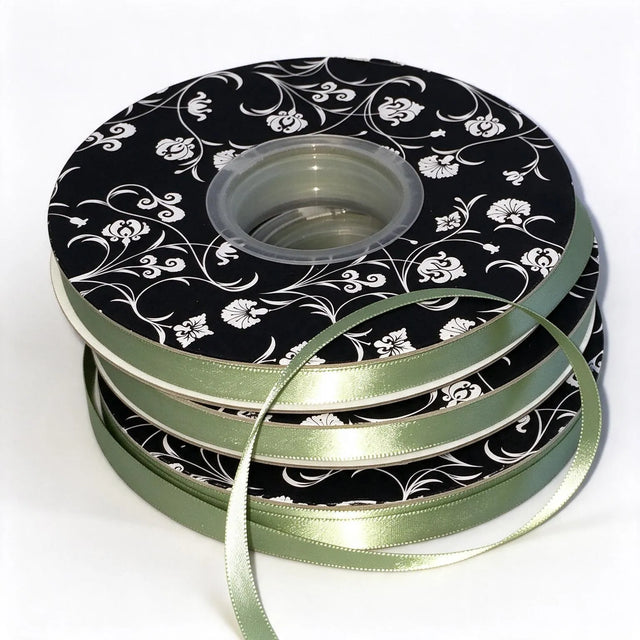 double sided satin ribbon sage 10mm wide x 30m per roll, front view