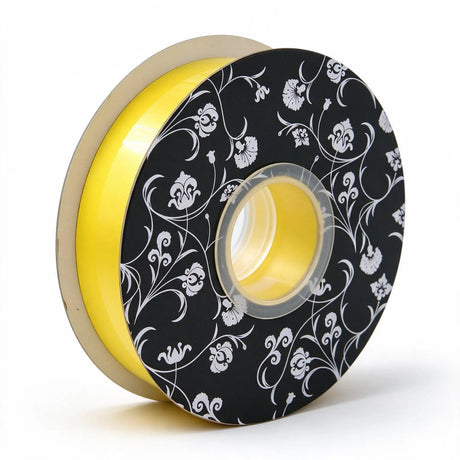 double sided satin ribbon yellow 25mm wide x 30m per roll, front view