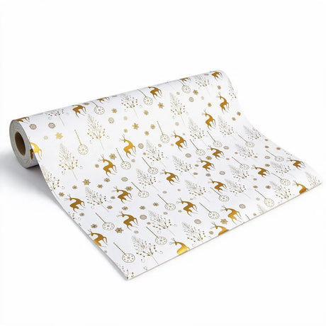white xmas wrapping paper with print gold dancing deers (length: 60m), front view
